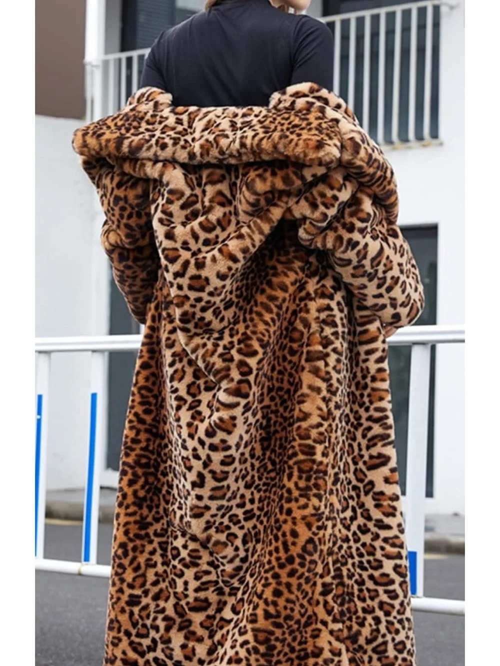 women Leopard Print Faux Fur Hooded Coat - Brown